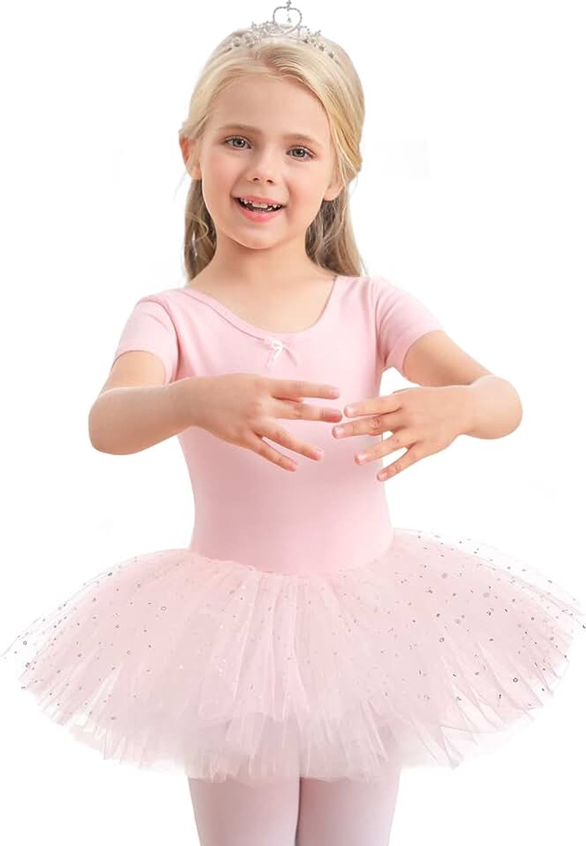 Jurken meisjes balletshirt met rok katoen balletpak kinderen balletjurk ballet tutu dansjurk, roze, 120 cm