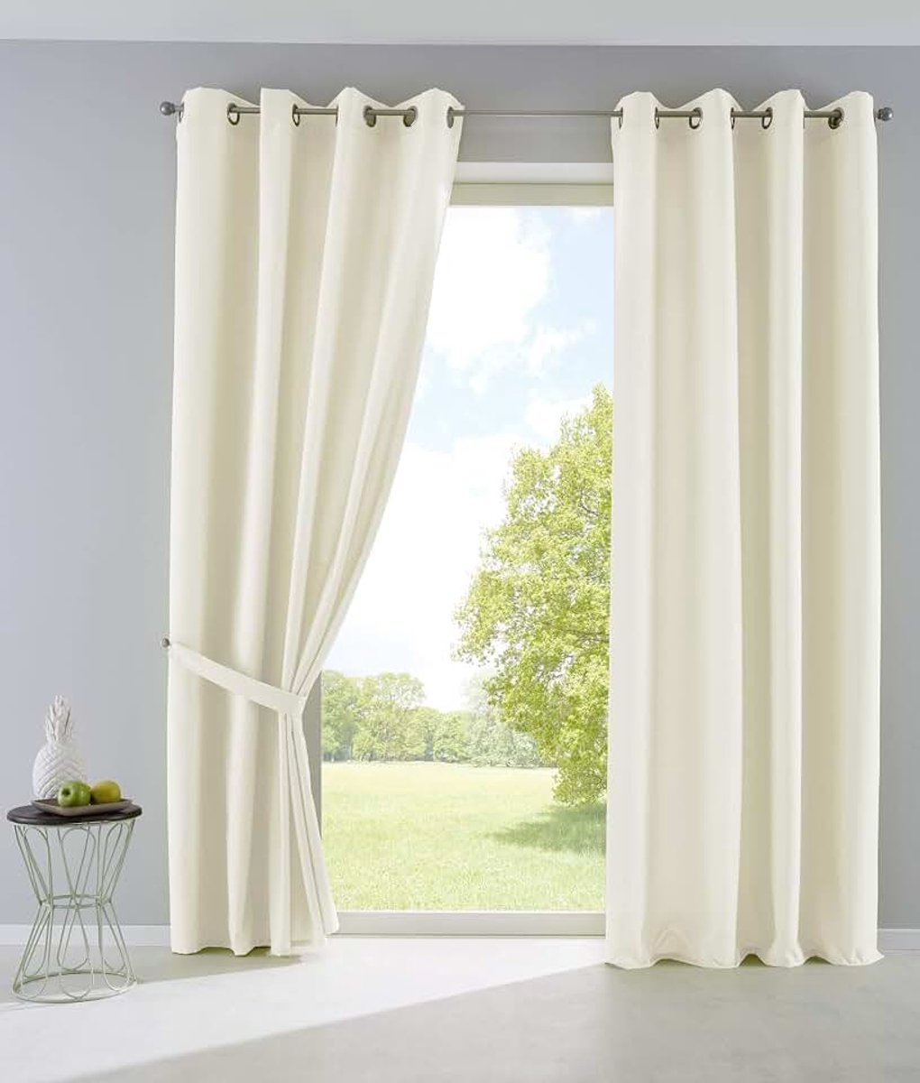 Set van 2 gordijnen, ondoorzichtig, mat, lichtdoorlatend, met oogjes en embrasses deco, HxB 145 x 140 cm, crème, 10000265-2
