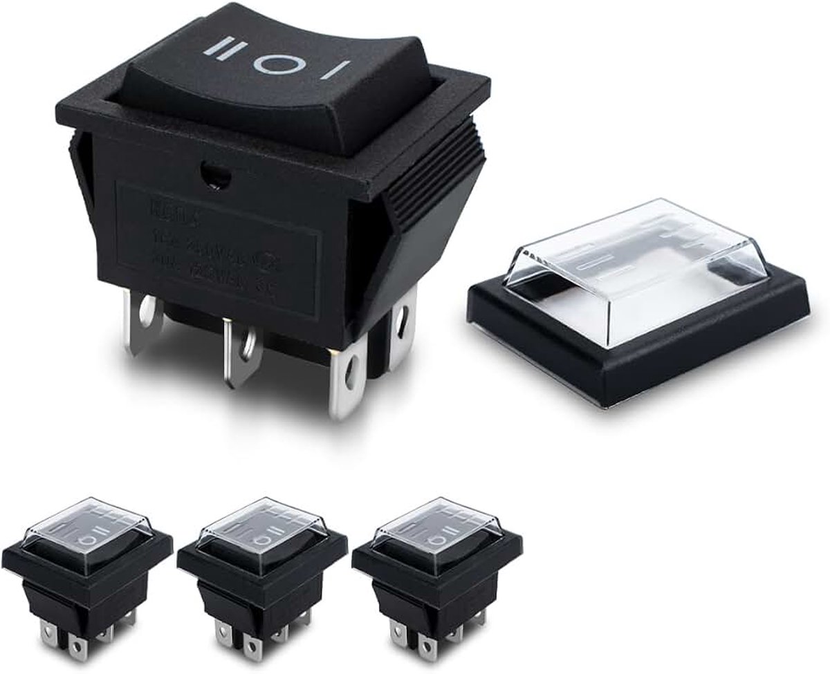 4 stuks mini wipschakelaar zwart ON-OFF-ON 6 pin 6 positie tuimelschakelaar met 4 waterdichte kappen