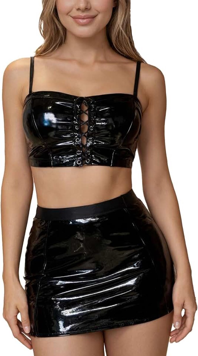 Wetlook lingerie set lak leer nachtclub ondergoed outfit vetersluiting voorkant crop top G-string minirok clubwear