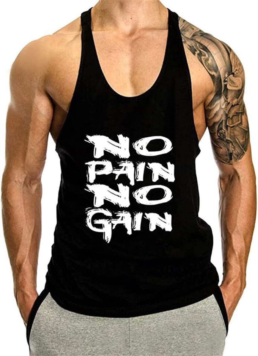 Heren No Pain No Gain Bodybuilding Tank Top Stringers Gym Fitness Sport Spiershirt Mouwloos T-shirt, zwart, S