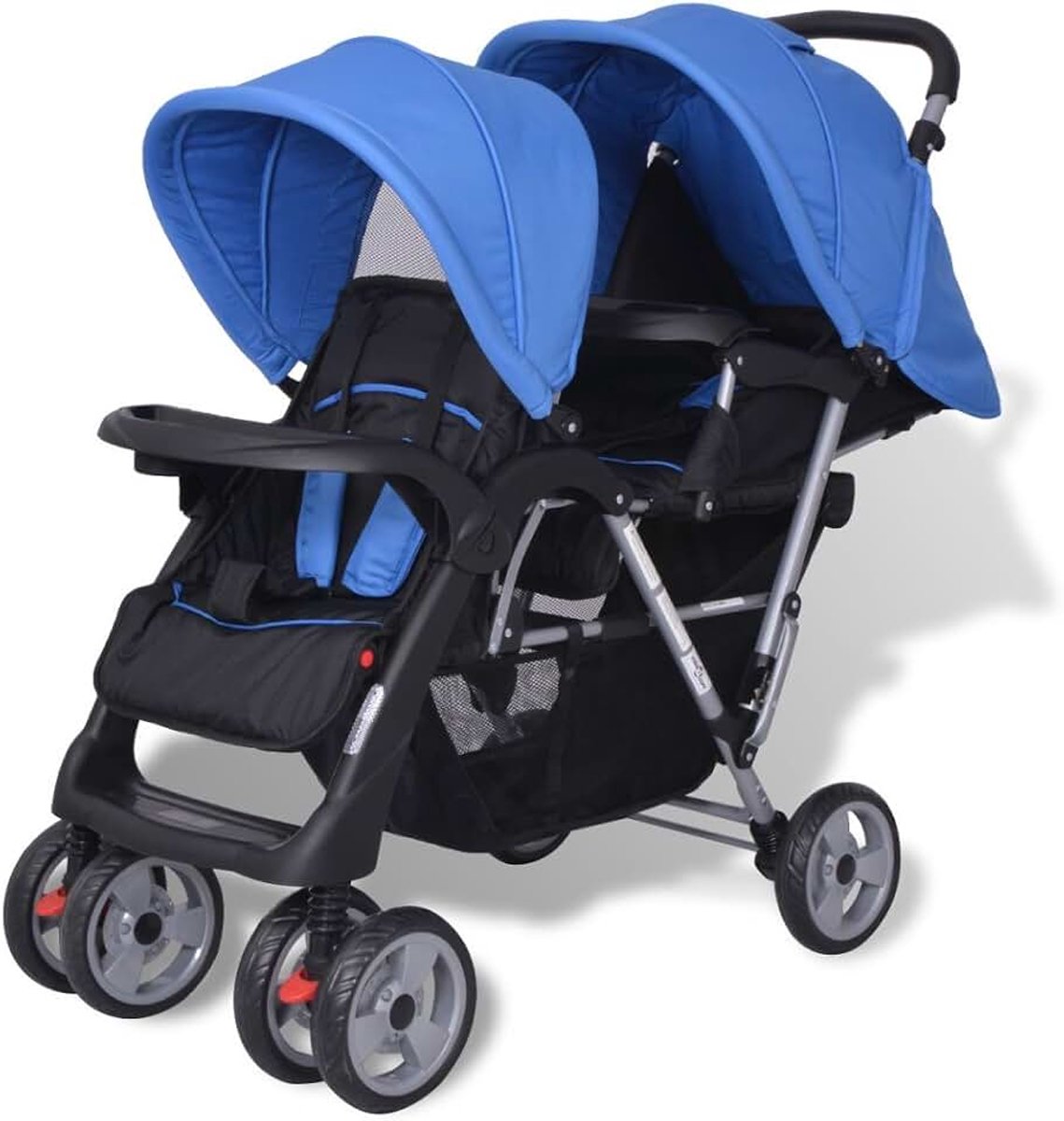 Duo kinderwagen, kinderwagen voor broers en zussen, gemaakt van staal + Oxford-stof, voor 1-2 kinderen tot 15 kg - Blauw en Zwart