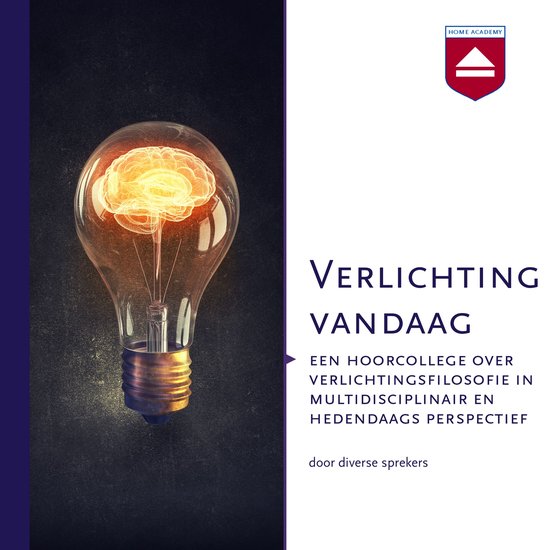 Een gloeilamp met een gloeiende brein-illustratie erin. Titel: Verlichting Vandaag. Home Academy.