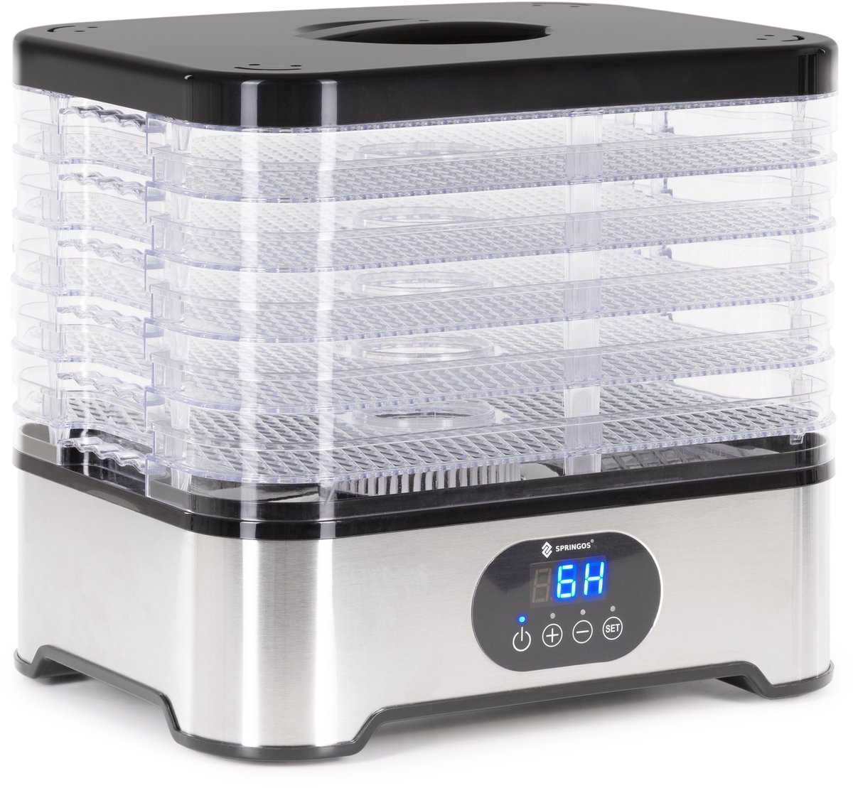 Springos Voedseldroger - Fruit- en kruidendroger - 6 Laags - Metaal - Kunststof - 42°C – 70°C - 12 Liter - 400 Watt