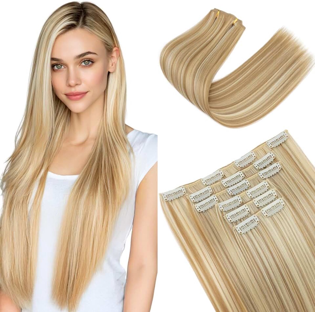 Clip-in extensies, 12 stuks, haarverlenging, haarstukje, glad, voordelig, 12 strengen, lang, 55 cm, haarstukjes, haarextensie clips voor dames, 180 g, asroze