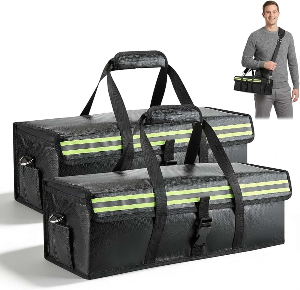 Accutas, 2 stuks Lipo vuurvaste tas tot 2400 °C, vuurvaste waterdichte explosiebestendige Lipo e-bike-tas met comfortabele grip, reflecterende strepen voor het opladen, transporteren en magazijn