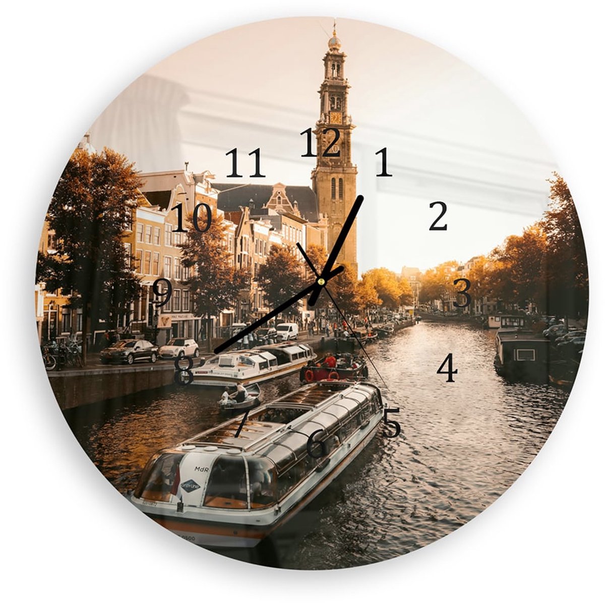Mydesignglas Grote Glazen Wandklok XXL - Wandklok Rond 60cm - Gehard Glas - Amsterdamse Herfst Zwart - Stille Klok voor Woonkamer & Keuken - Modern Design