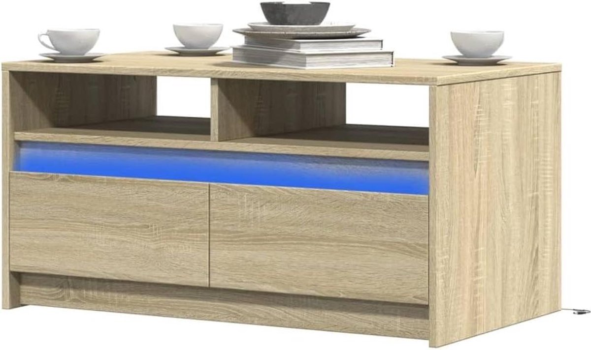 Salontafel met LED - Bijzettafel Opslag - Woonkamer Inrichten - Verstelbare Sfeer - 90 x 50 cm - Sonoma Eiken