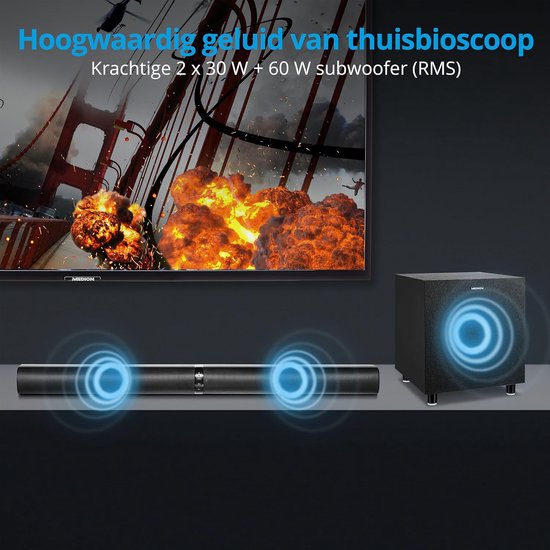 Soundbar met subwoofer - Home cinema - Film en muziek - Draadloze bas - 2.1 kanaals - Zwart — afbeelding 2
