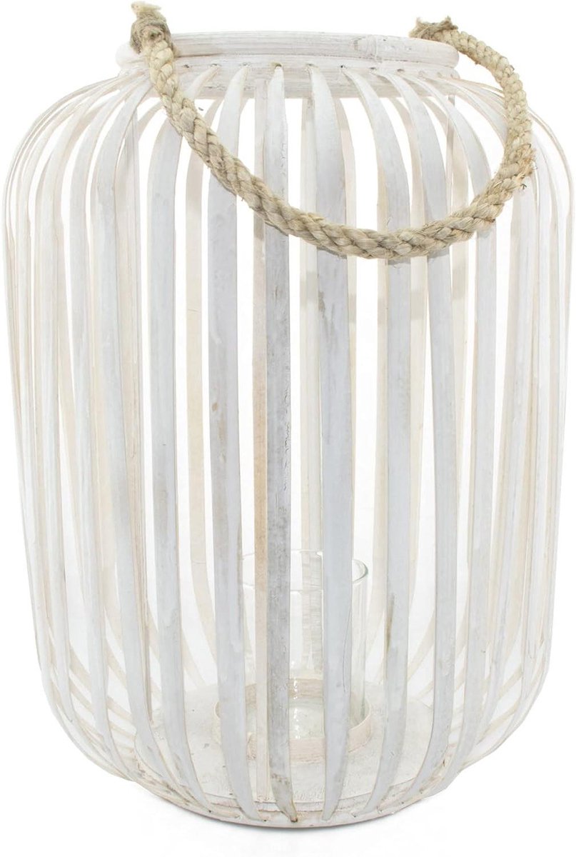 Bamboe Lantaarn - Windlicht Kandelaar - Sfeerverlichting Creëren - Handgemaakt Duurzaam Bamboe - 42 cm Hoog - Wit