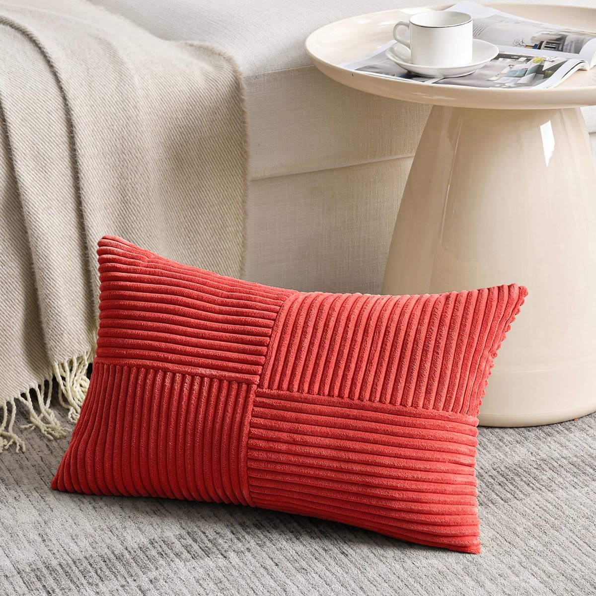 Kussensloop 30 x 50 cm - Rood corduroy - Boho kruismotief - Knuffelig voor bank of bed - SnelShoppen