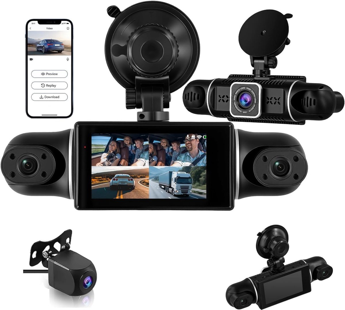 SnelShoppen - 360° 4-kanaals dashcam met 2K frontcamera, 1080P allround bewaking, parkeermodus, nachtzicht, wifi/app, G-sensor, loopopname en 3 inch I