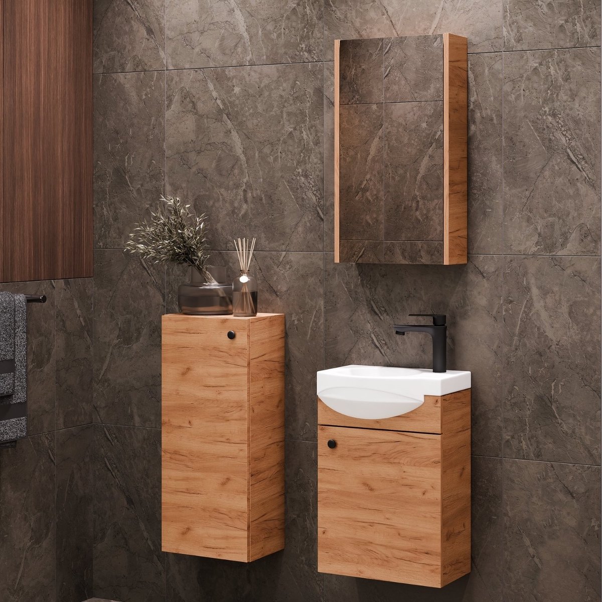 Planetmöbel - Wastafelonderkast 40 cm - Gold eiken - Met wastafel, spiegelkast en kolomkast - Grieploos