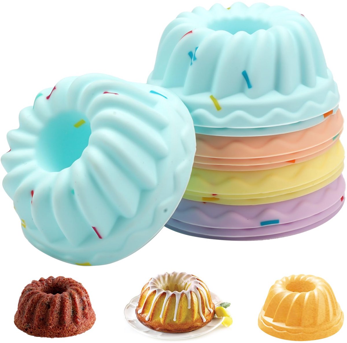12 stuks siliconen bakvormen, kleine taartvorm, herbruikbaar, 4 kleuren siliconen vorm, tulbandvorm, muffinvormpjes, mini-taartvorm voor cake, desserts, bons, puddingen, gelei