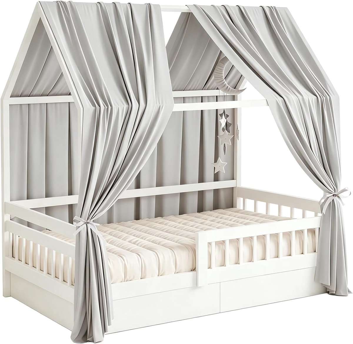 Hemel, bedhemel, huisbed, mousseline met 2 stuks, bedhemel, stoffen hemel voor huisbedden, meisjes en jongens, baldakijn, kinderbed, kinderkamer, huisbed, decoratie (lichtgrijs, 350 x 135 cm