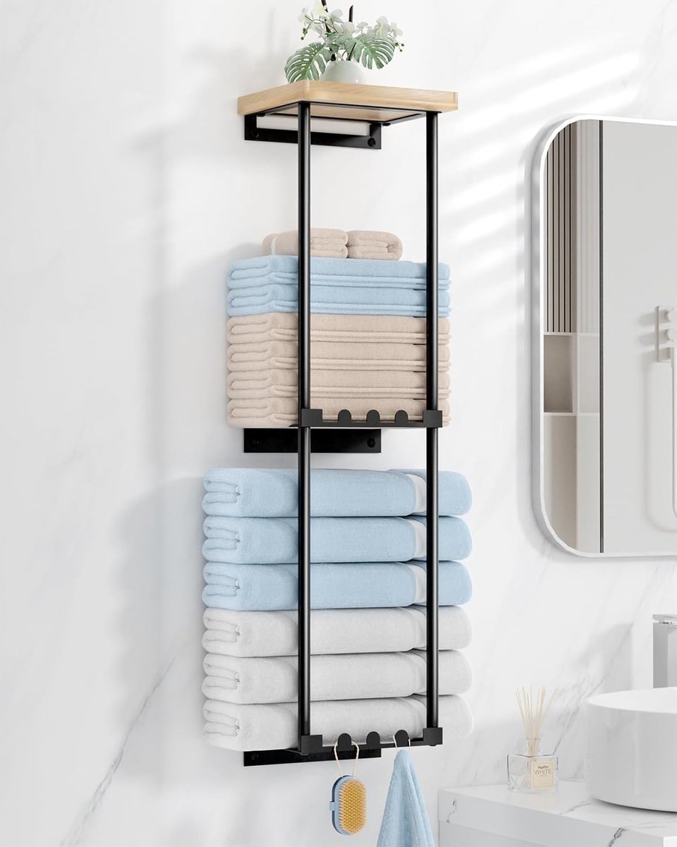 Handdoekenrek zonder boren, badhanddoekhouder, wandmontage, handdoekstandaard met plank, handdoekhouder voor badkamer, handdoekrek voor badkamer, gastenhanddoekhouder met 6 handdoekhaken