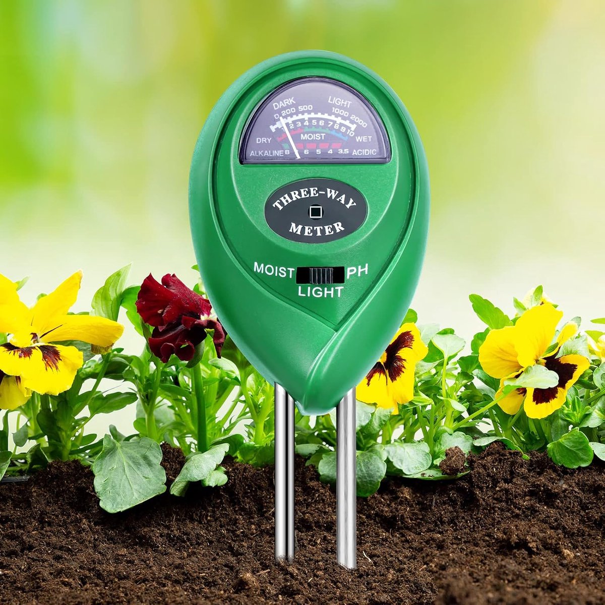 Flintronic 3-in-1 bodemvochtmeter, met pH, licht- en bodemvochtigheidsmeter voor binnen en buiten moestuin, gazon en meer (geen batterijen nodig)