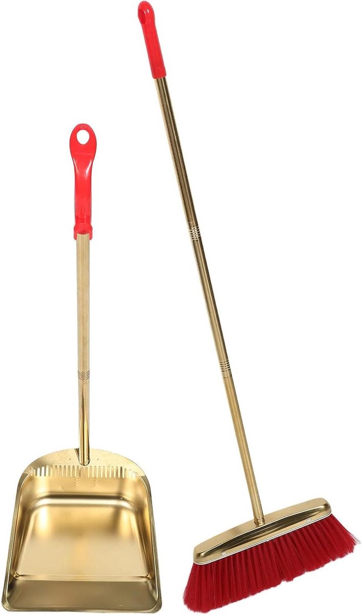 Bezem Stofblik Set - Huishoudelijke Reiniging - Vloeren Schoonmaken - Staande Stofpan - 94 cm Hoogte - Goudkleurig