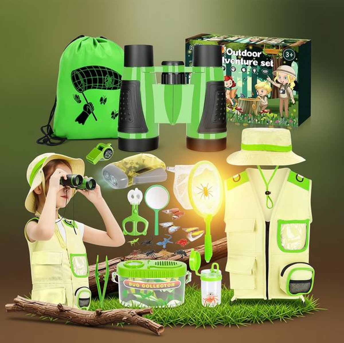 23-delige Ontdekkingsset voor Kinderen - Outdoor Avonturenkit met Verrekijker, Kompas, Vergrootglas, Insectendoos en Avonturenvest - Ideaal voor Tuin en Kamperen