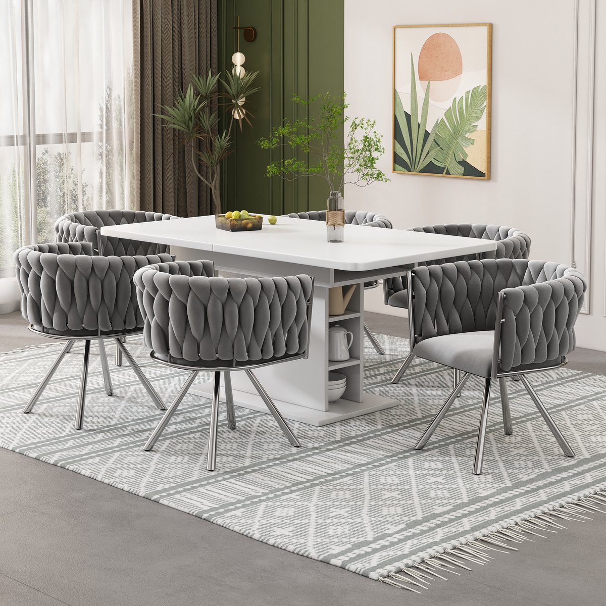 Clruro Eetkamerstoelen - 6 Stuks - 360° Draaibaar met Gebogen Rug - Fluweel en Metaal - Grijs/Zilver