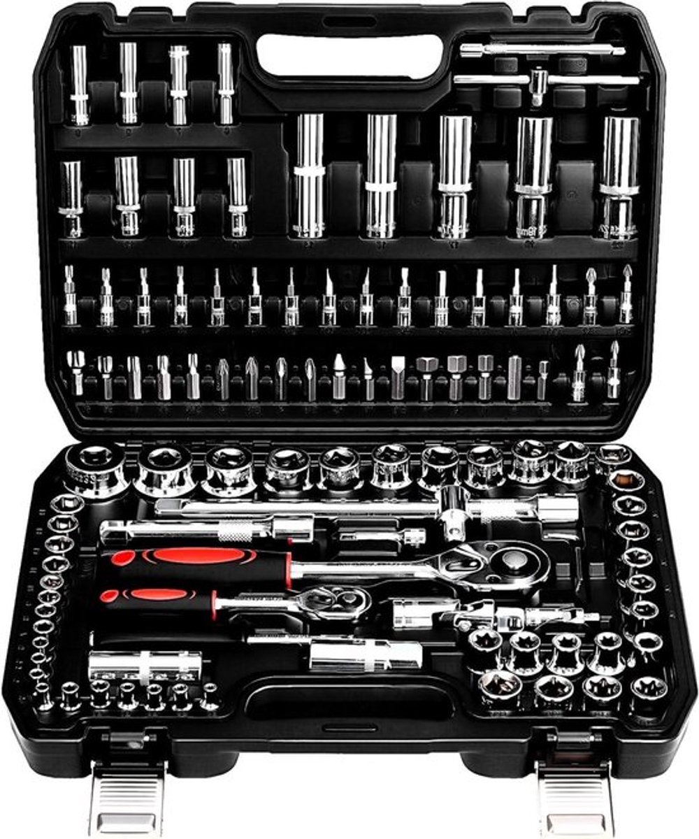 108-delige Steeksleutelset met Ratelsleutels en Cr-V Inzetstukken voor 1/4 Inch en 1/2 Inch - 72 Tanden, Handgereedschap en Gereedschapskoffer