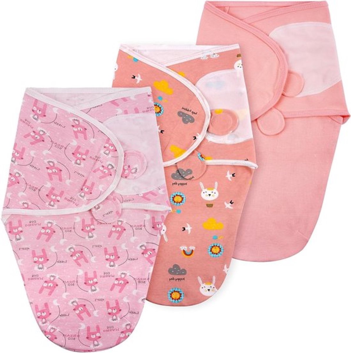 3-Pack Baby Swaddle Set voor Pasgeborenen, Ademend Organisch Katoen, Verstelbare Baby Dekens, Perfecte Baby Cadeaus in Roze Konijn Design