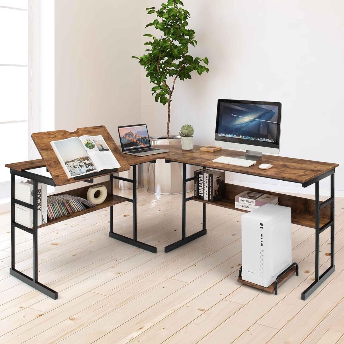 L-vormig bureau - Werkplek tafel - Thuiswerken Kantoor - Kantelbaar tafelblad - 170 x 150 cm - Rustiek bruin thumbnail 2