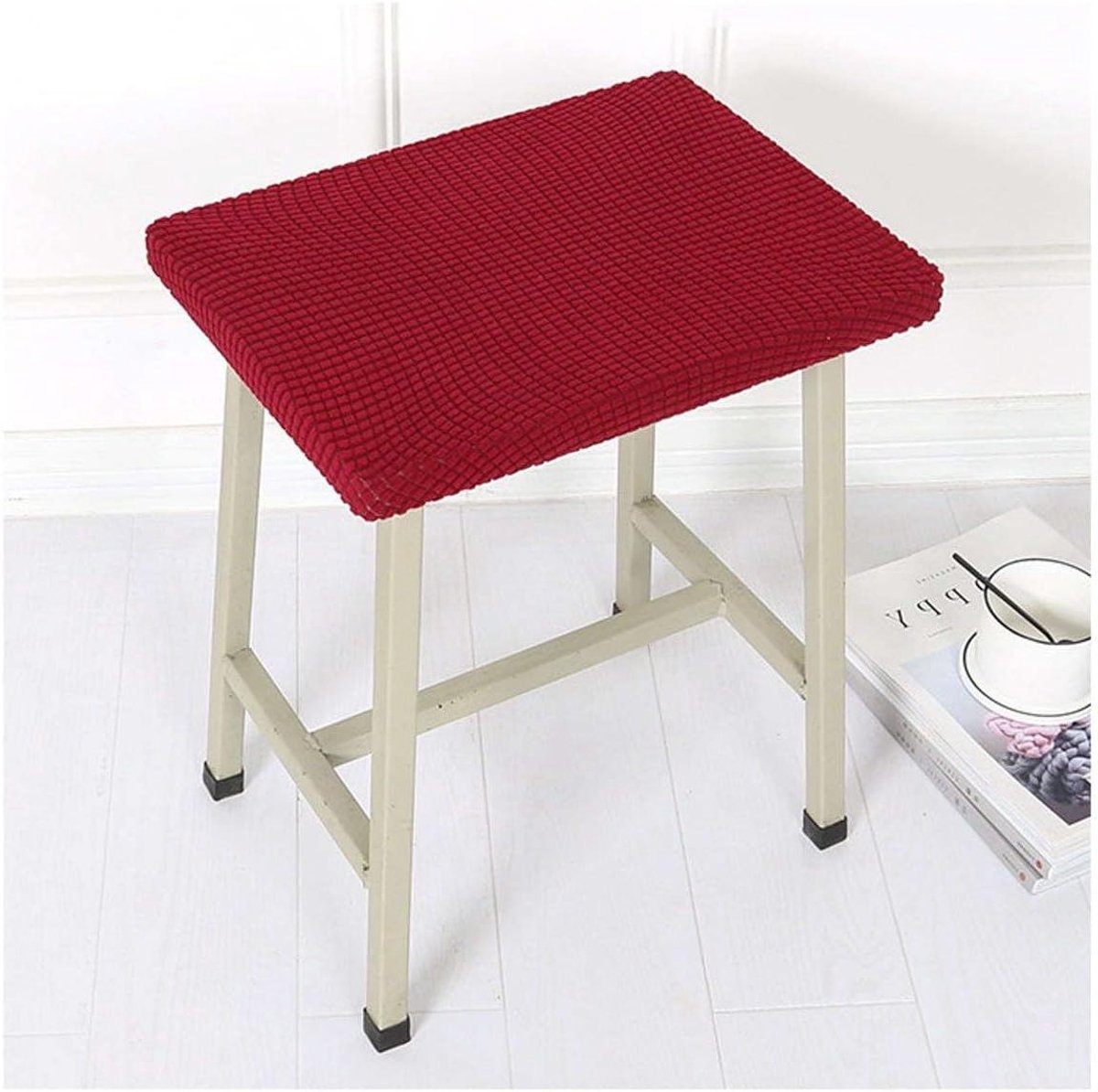 Hoes voor voetenbank - Krukhoes Stretch - Meubels Vernieuwen - Gebreide Jacquard Stof - 25-38 cm - Rood Wijn
