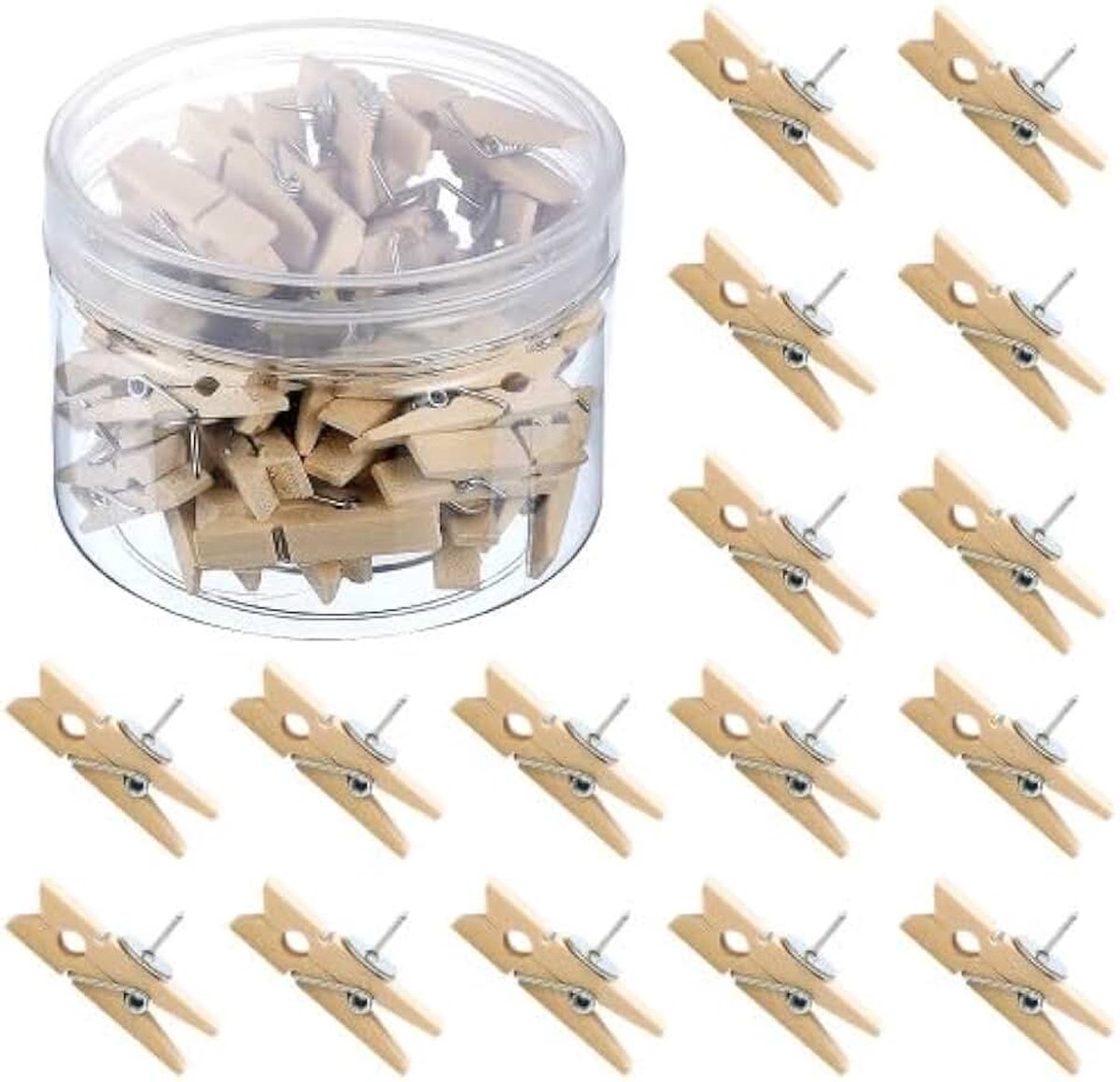 Punaises met houten klemmen, punaisclips, houten klemmen met punaises, duurzame houten klemmen, voor kurkplaten, notities, foto's (houtkleur)