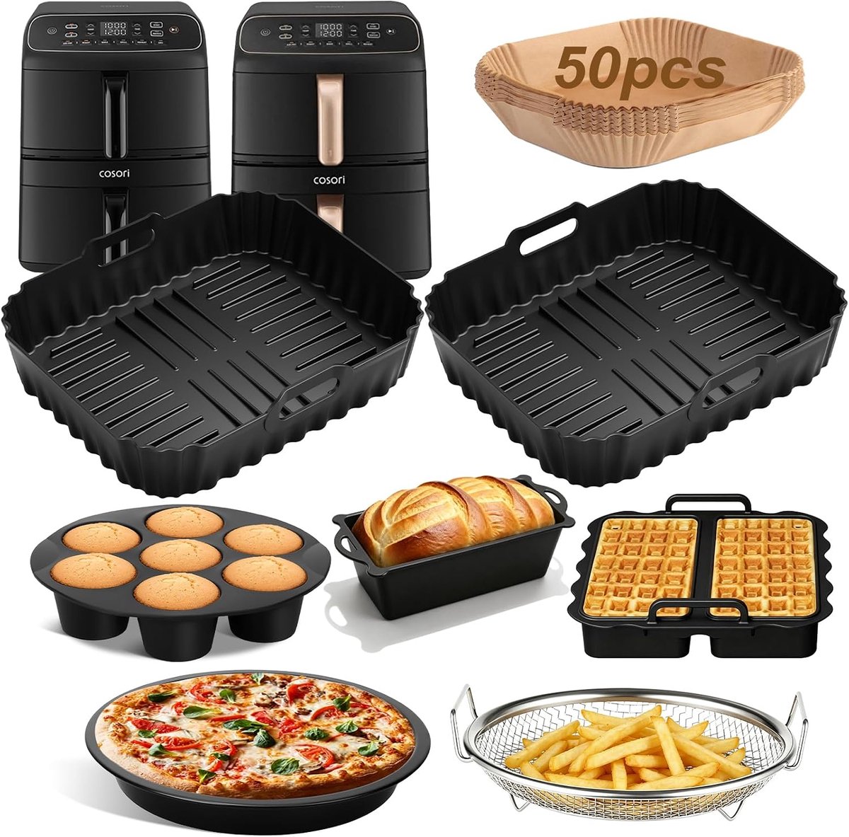 SnelShoppen - Airfryer Accessoires Set voor Heteluchtfriteuse - Siliconen Vorm, Roestvrijstalen Manden, Pizzaplaat, Broodbakvorm - Geschikt voor 8,6 l