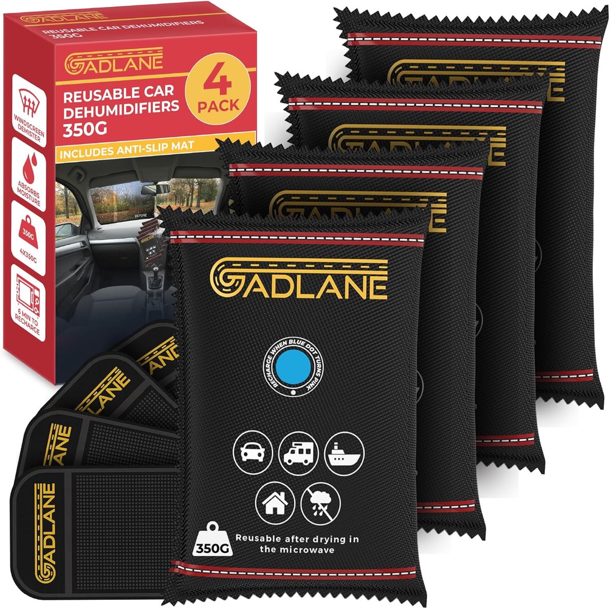 SnelShoppen - Herbruikbare Auto Luchtontvochtiger 350G - 4-Pack Vochtvanger voor Auto met Dashboard Anti-Slip Mat - Elimineert Mistige Voorruit en Voc
