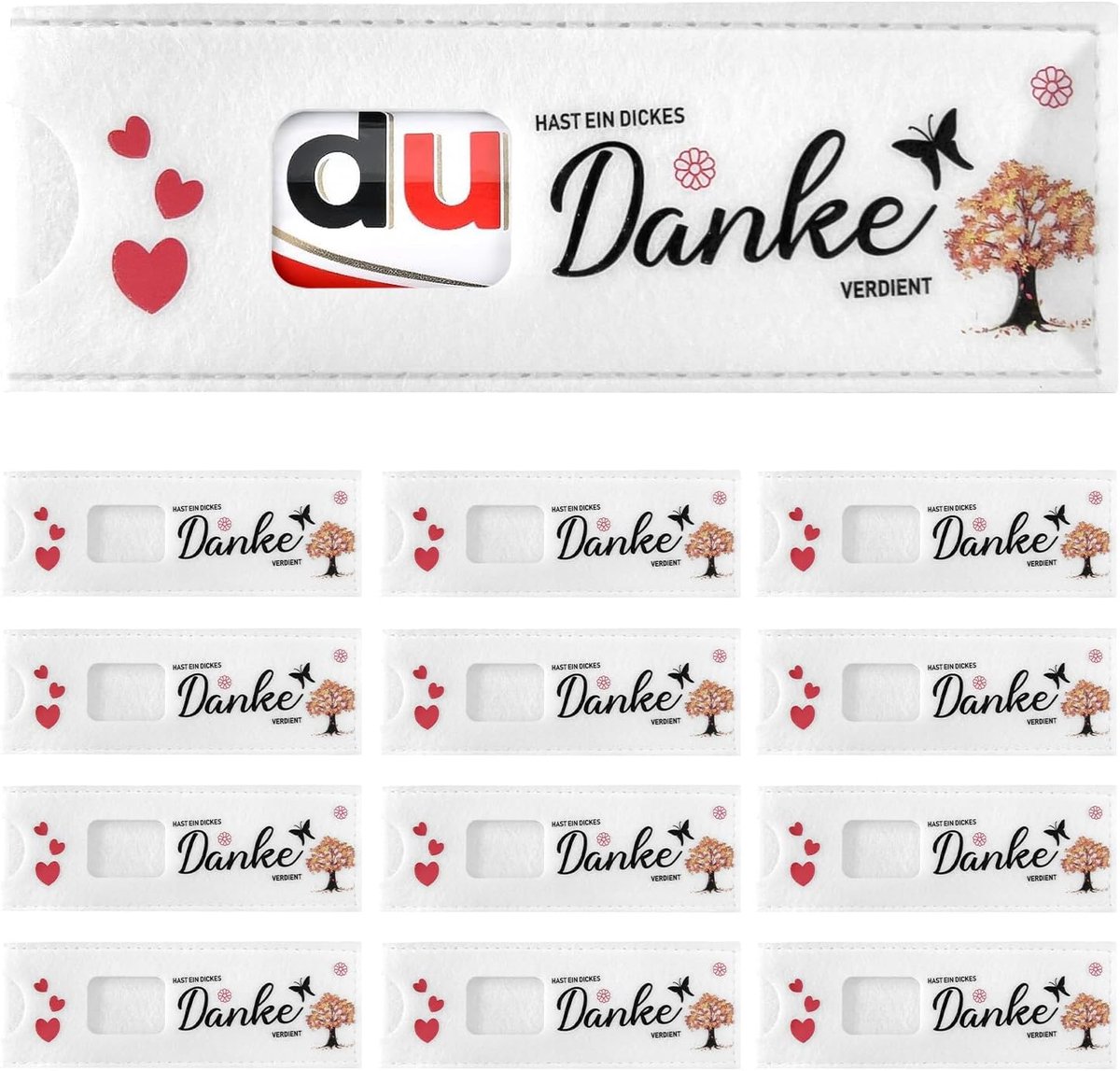 SnelShoppen - Set van 12 Vilten Chocoladehoezen, 'Je verdient een dikke dankjewel', Cadeauverpakking voor Leraren, Collega's en Klanten, Wit, 14x5 cm,