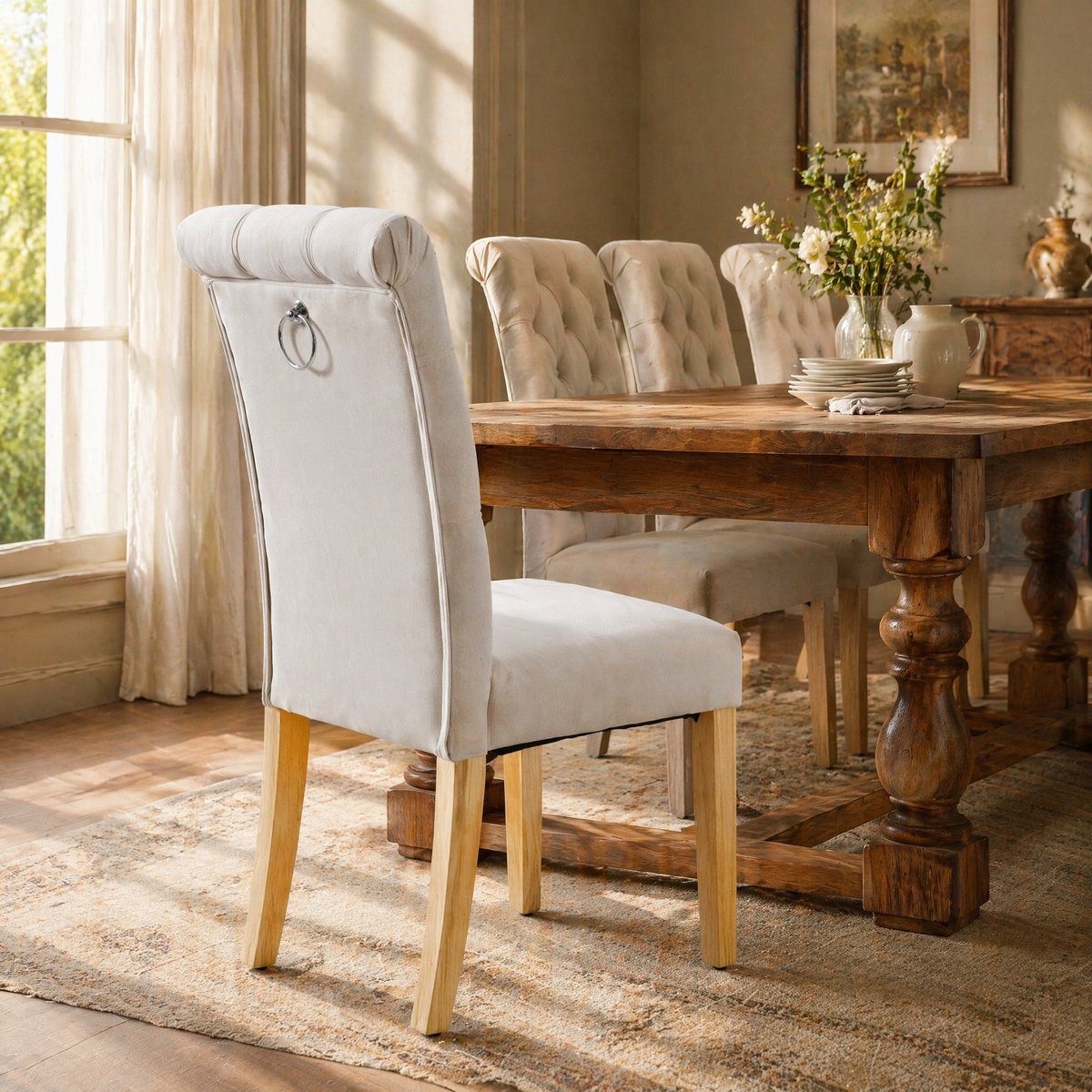 COVREO Eetkamerstoel set van 2 100 x 43 cm - velvet bekleding, eiken poten, beige