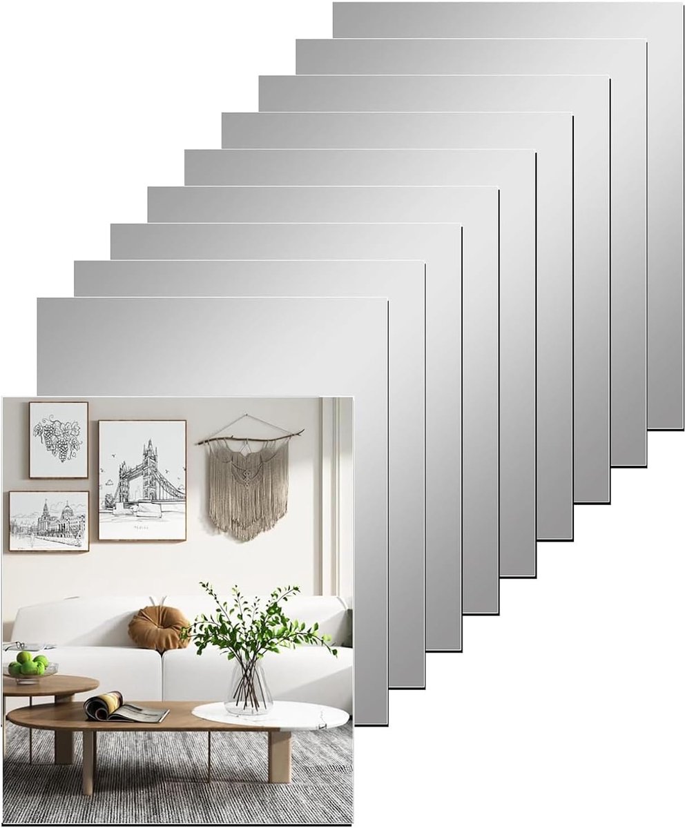 SnelShoppen - Zelfklevende Spiegeltegels 10 Stuks - Flexibele Acryl Spiegelbladen voor Wanddecoratie - Frameloze Wandspiegels - Eenvoudig te Installer