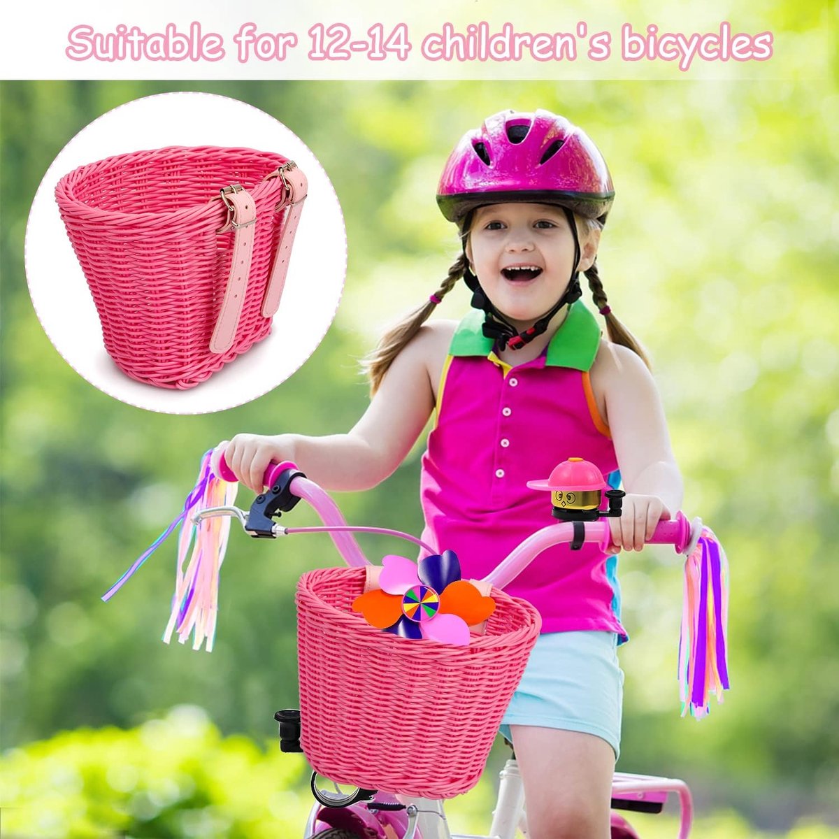 Kinderfietsmand Set - Fietsdecoratie Kinderen - Fiets Versieren - Inclusief Fietsbel - 20 x 15 x 15 cm - Roze