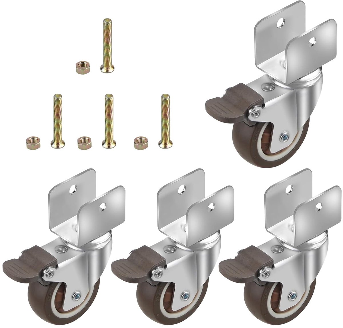 SnelShoppen - 4x Vervangende Meubelwielen met Rem, Ø 50 mm, Zachte Rubber Rolwielen voor Meubels, 25 mm Plaatopening, Vloerbescherming, Ideaal voor Ke