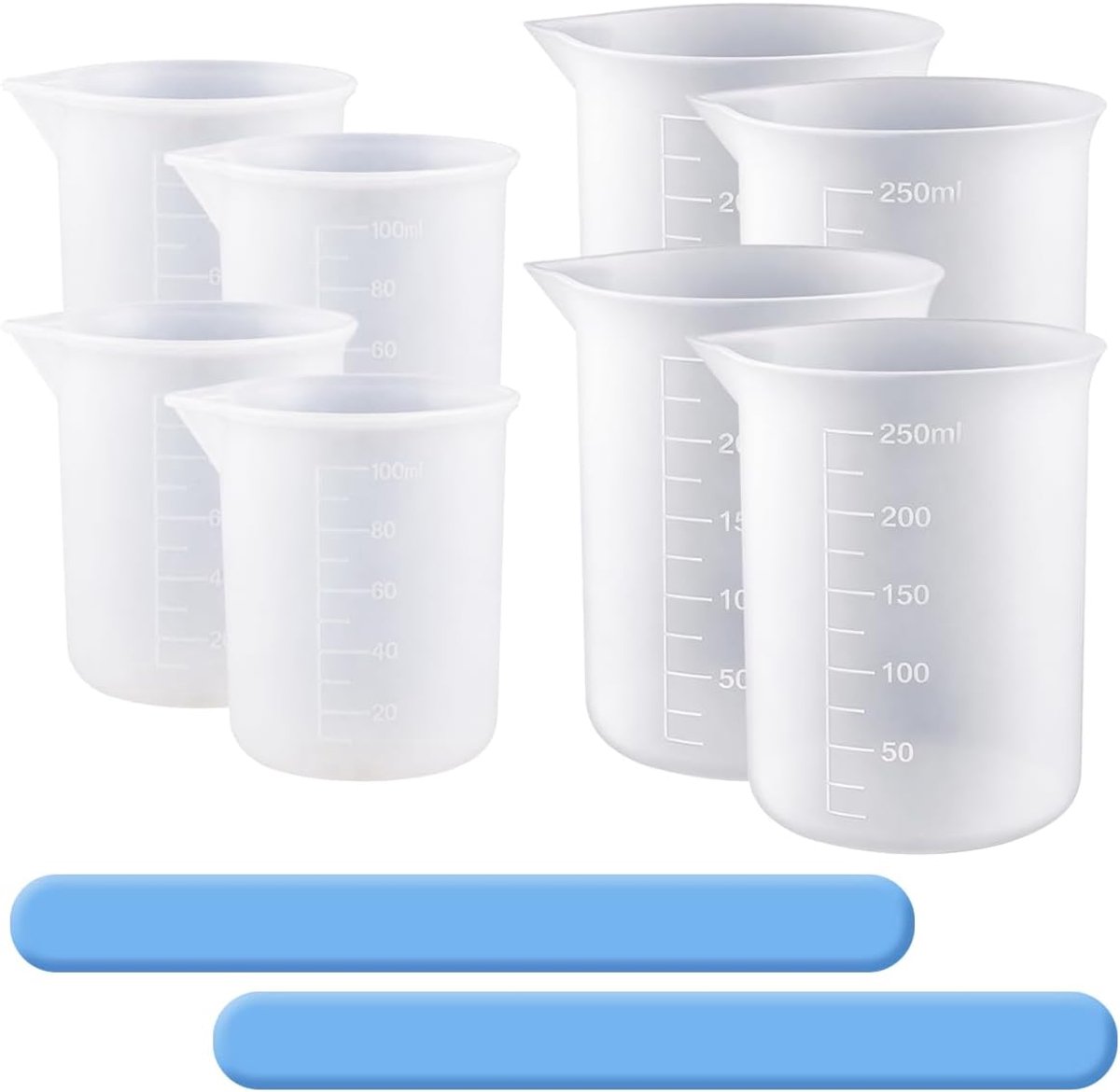 SnelShoppen - Pack van 8 Siliconen Maatbekers 250ml/100ml met Schaal, Epoxy Hars Mengbekers met 2 Roerstaafjes voor DIY Handgemaakte Creaties en Kunst