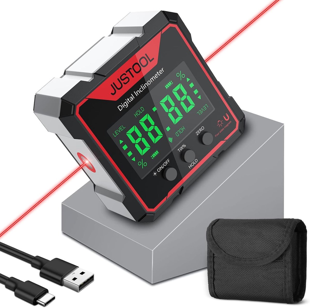 SnelShoppen - Digitale Hoekmeter met USB Oplader - LCD Inclinometer 4x90° - 4-Zijdige Sterke Magnetische Waterpas - IP54 Waterdichte Hoekmeter voor Au