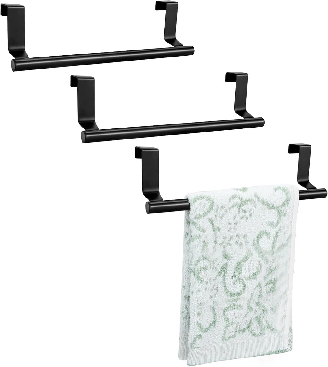 SnelShoppen - 3 Stuks Over The Door Handdoekhouder - RVS Keuken Handdoekhouder 23cm - Anti-slip Pads - Geen Boren - Zwart - Handdoek Rack voor Keuken