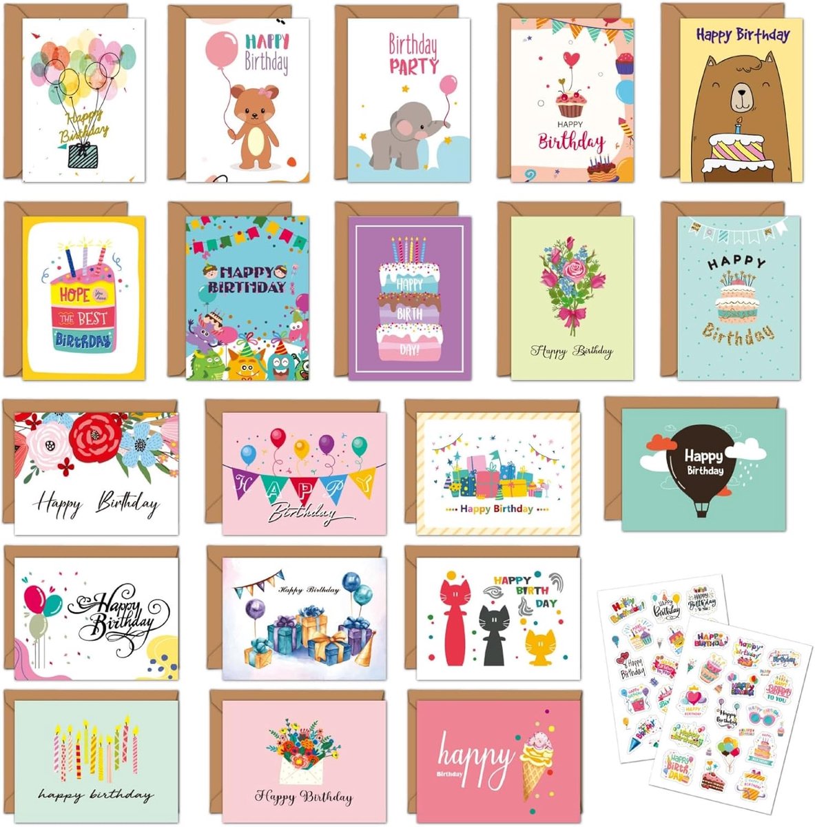 SnelShoppen - 20 Verjaardagskaarten Set met Envelop, Verjaardagskaarten voor Kinderen, Kleurrijke Wensen, Dikke Papieren Kaarten voor Jongens en Meisj