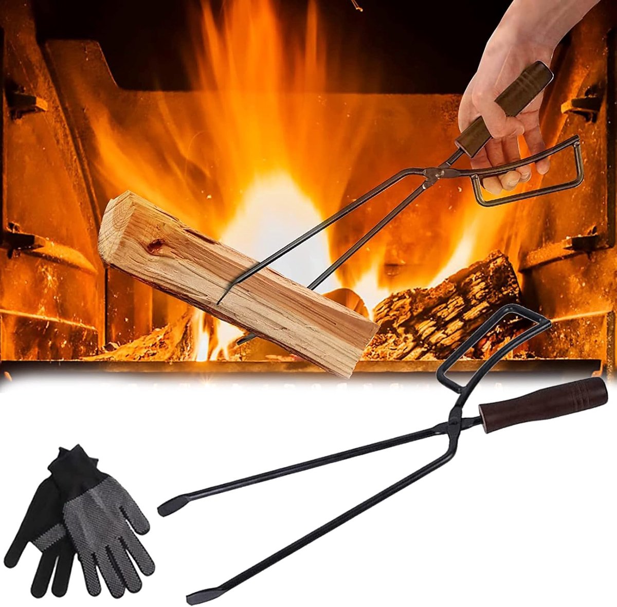 SnelShoppen - Vuurplaats Tangen 40 cm - Stevige Houttangen - Vuurplaats Accessoires - Antislip Grijper voor Haardhout en Kampvuren - Veilig en Handig