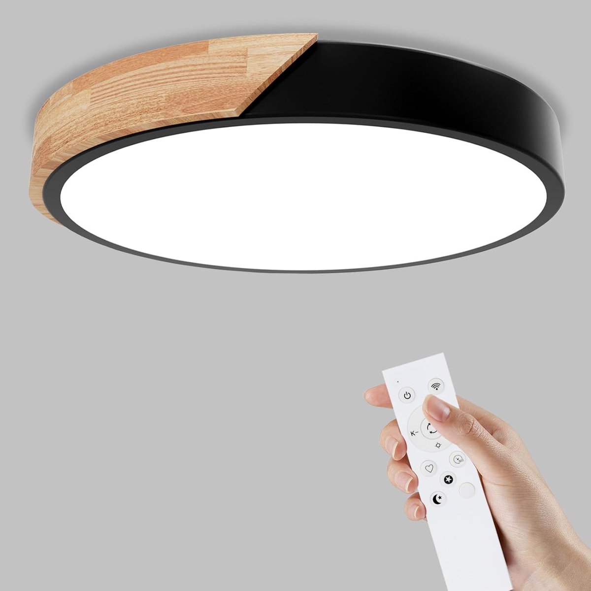 SnelShoppen - Dimbare Houten Plafondlamp 32W, LED Verlichting 3000K-6000K, Moderne Lamp voor Woonkamer, Slaapkamer en Gang, Zwart, 30cm