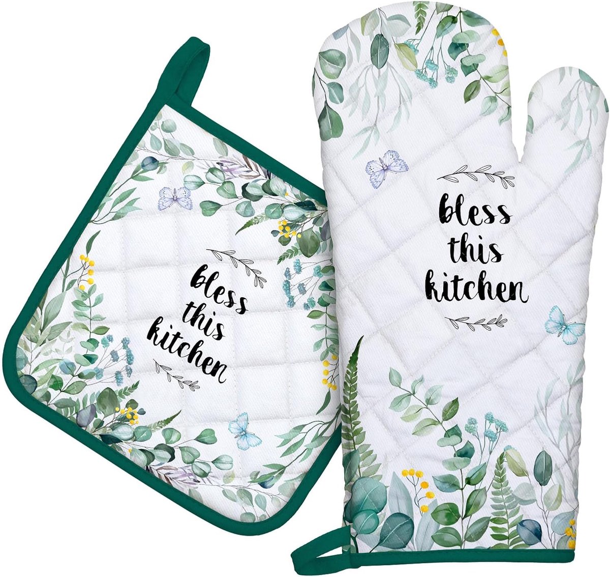 SnelShoppen - Eucalyptus Leaf Oven Mitts en Potholders Set 2pcs, 100% Katoen Hittebestendig, Extra Lange Ovenhandschoenen voor Keuken Koken Bakken Dec