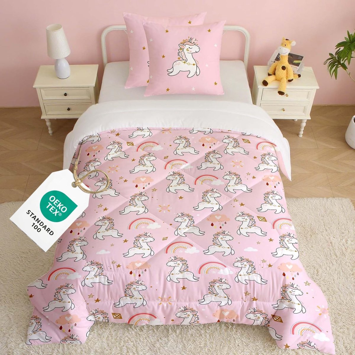 SnelShoppen - Kinderdonsdeken 135x200 cm, Eenhoorn 4 Seizoenen Dekbed voor Meisjes, Soft Microfiber Deken met 2 Kussenslopen 80x80 cm, Ademend en Zach