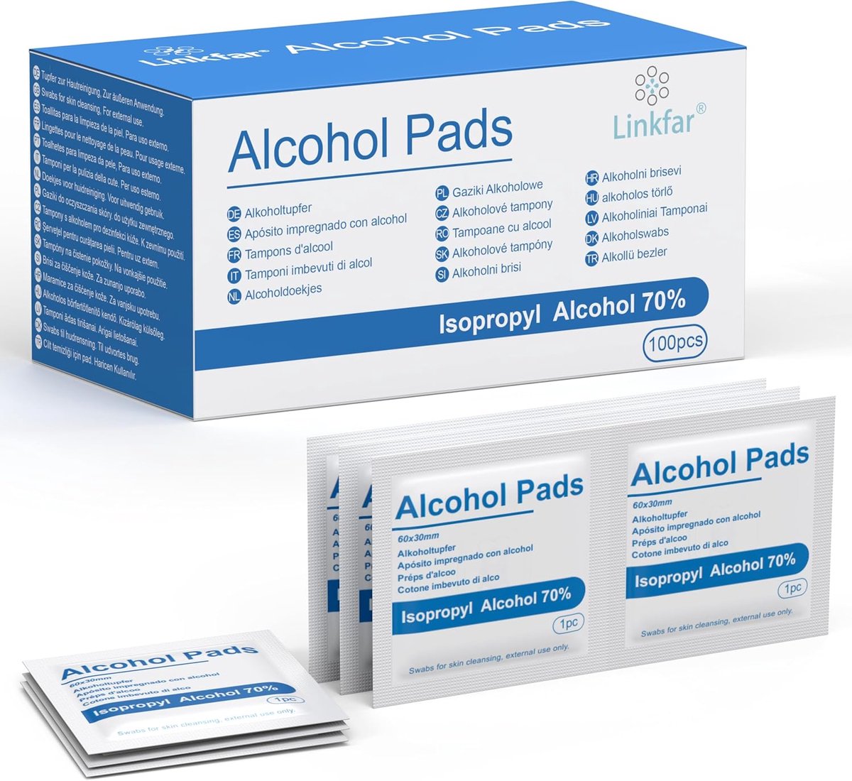 SnelShoppen - Alcohol Wipes 70% Isopropanol, Reinigingsdoekjes voor Huid, Brillen en Oppervlakken, Individueel Verpakt, 100 Stuks (3 x 6 cm)