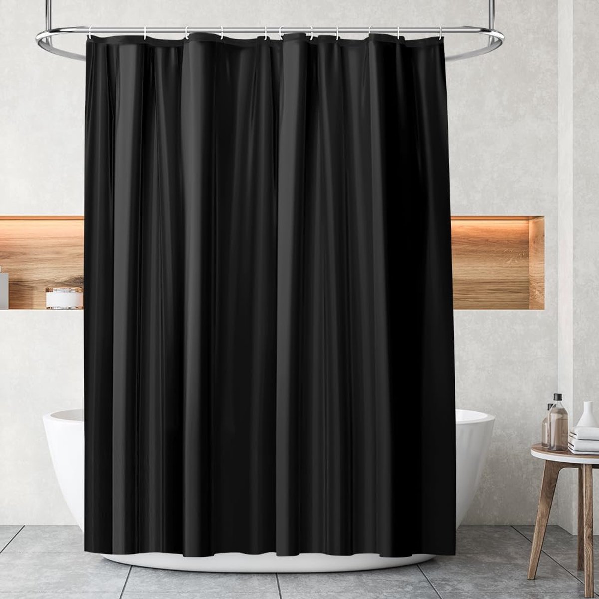 SnelShoppen - Douchegordijn Anti Schimmel, Waterdicht PEVA Bad Gordijn, Schimmelbestendig Badkamer Douchegordijn met 12 Haakjes, Effen Zwart 180x180cm