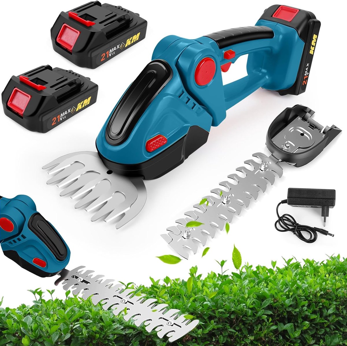 SnelShoppen - 24V Accu Heggenschaar en Grasmaaier 2-in-1 met 2 x 1500 mAh Batterij, 100 mm + 300 mm Bladen en Adapter, Elektrische Tuinscharen voor Tu