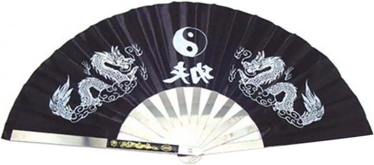 Tai Chi waaier - Opvouwbare ventilator - Persoonlijke verkoeling - Dubbel drakenmotief - Eén maat - Zwart