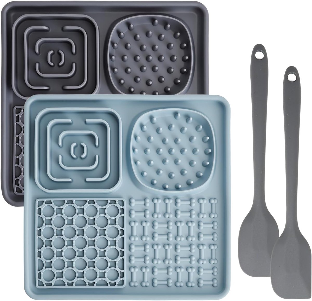 Thijox - Siliconen likmat voor honden en katten, 4-zone voedermat met zuignappen, BPA-vrij, anti-slip likspeelgoed, grijs + blauw, incl. spatel, ideaa