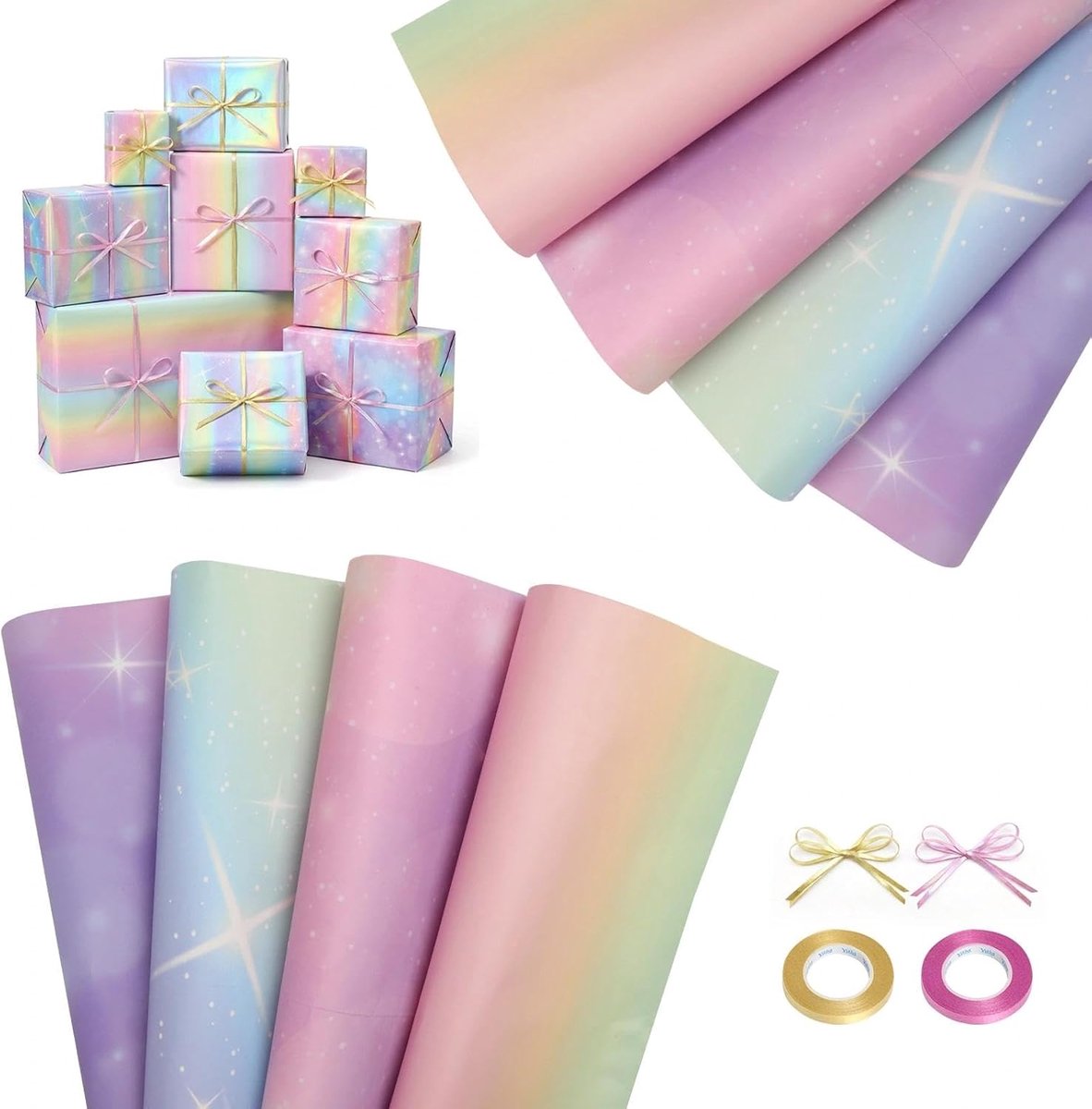 SnelShoppen - 8 Stuks Regenboog Cadeaupapierset met Sterren, 4 Designs, Inclusief 2 Rollen Cadeaulint, Perfect voor Verjaardagen en Kinderfeestjes